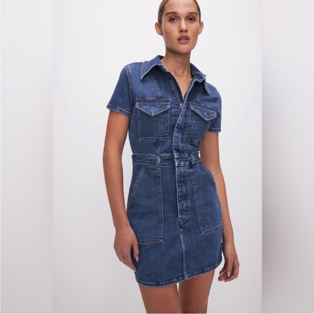 Good American Blue Denim Mini Shirt Dress